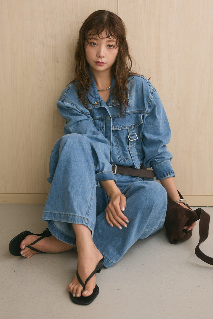 [SET]ベルト付きスタンドネックデニムオールインワン