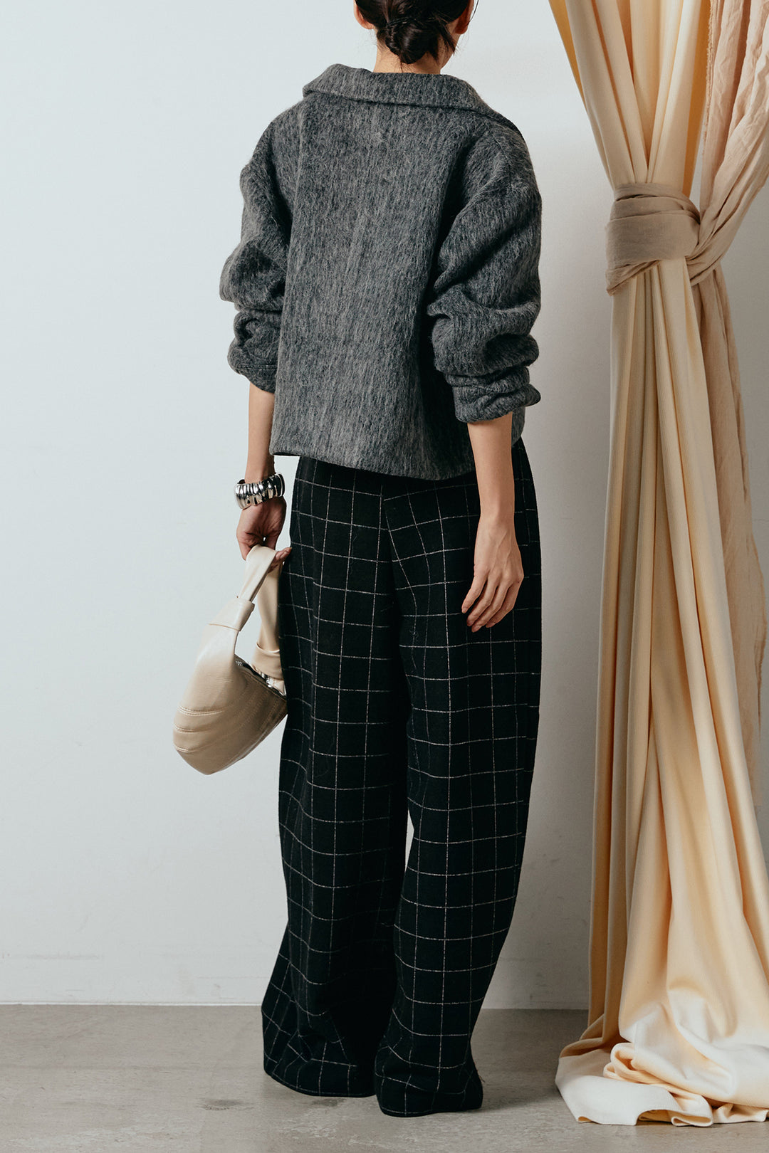 [SET]シャギーショートジャケット+スクエアチェック柄ワイドパンツ(2set)