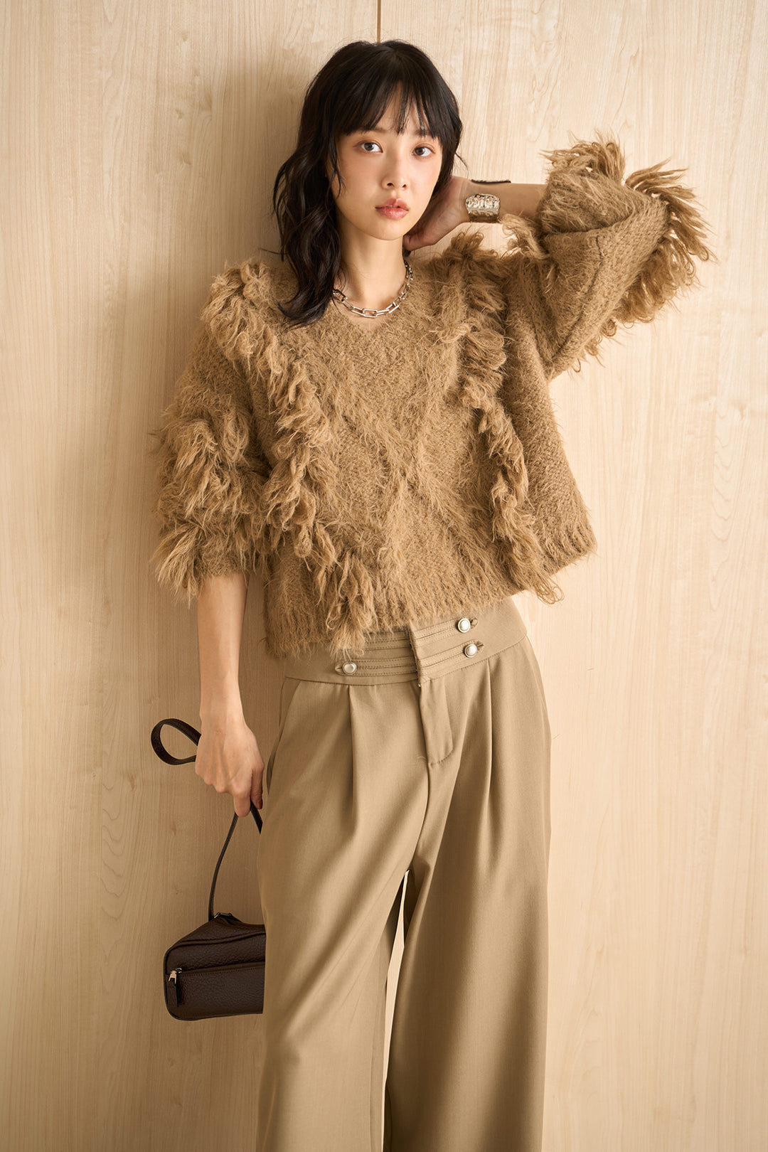 [SET]ランダムロングシャギーVネックニット+ナポレオンボタンデザインワイドパンツ(2set)