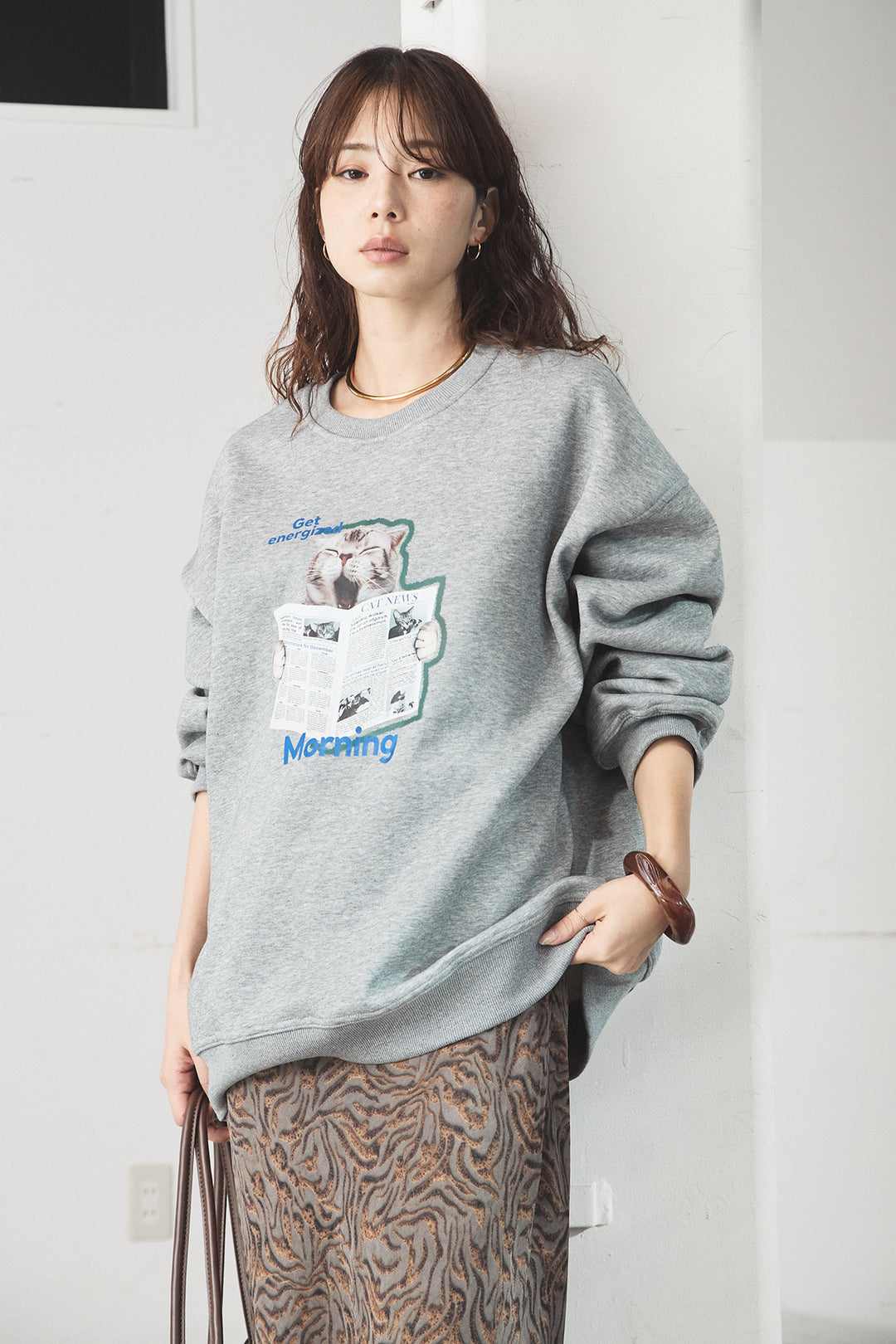 [SET]裏起毛モーニングキャットプリントスウェット+抽象柄ロングスカート(2set)