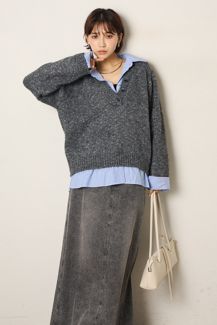 [SET]ストライプシャツドッキングニットポロトップス+デニムロングフレアスカート(2set)