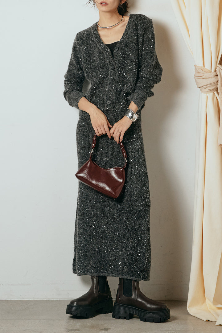 [SET]ミニラメニットカーディガン+ミニラメニットスカート(2set)