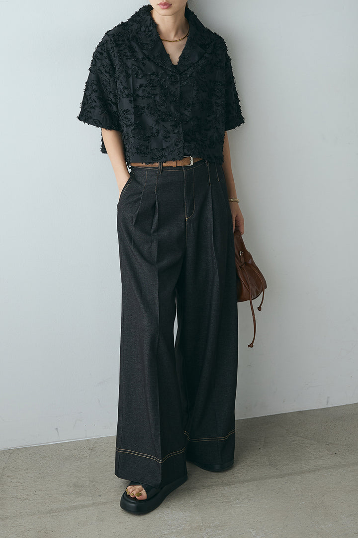 [SET]半袖オープンカラージャガード柄シャツ+ステッチデザインベルトワイドパンツ(2set)