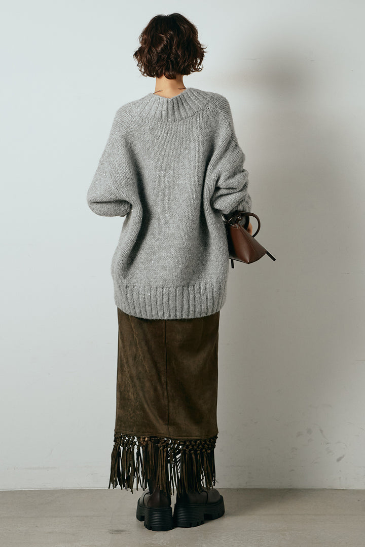 [SET]Vネックラメニットトップス+スウェードライク裾フリンジスカート(2set)