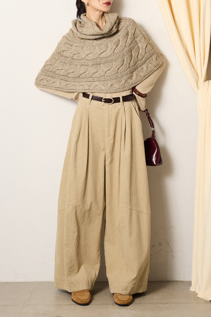 [SET]ケーブル編みケープレイヤードニット+タック入りコーデュロイワイドパンツ(2set)
