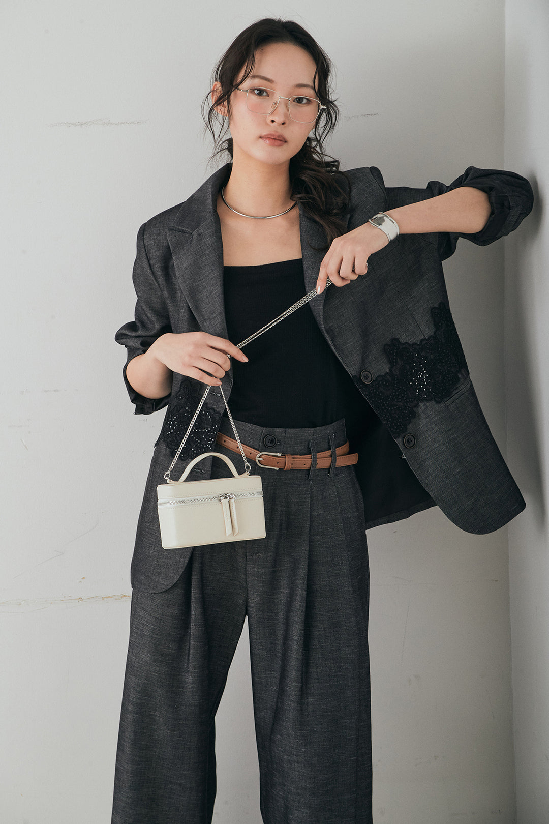 [SET]リネンタッチレースデザインジャケット+リネンタッチ細ベルト付きワイドパンツ(2set)