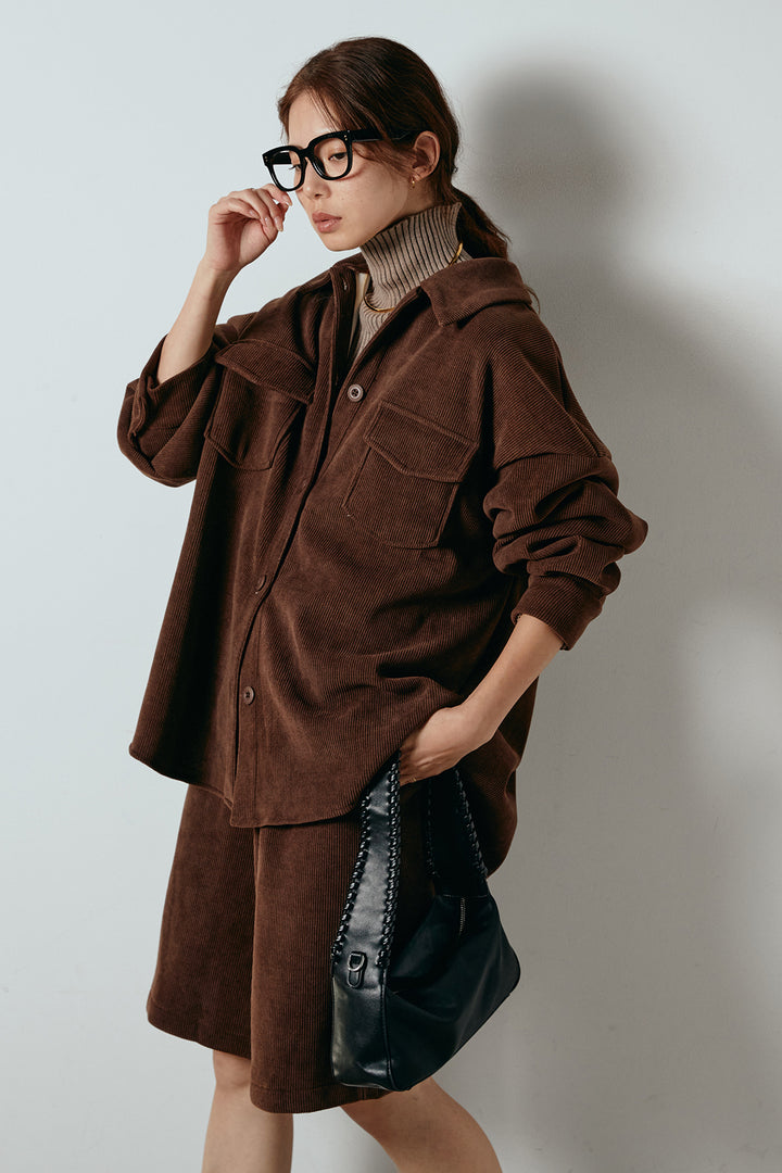[SET]襟付きコーデュロイポケットシャツ+リブニットシームレスタートルプルオーバー+リラックスコーデュロイハーフパンツ(3set)