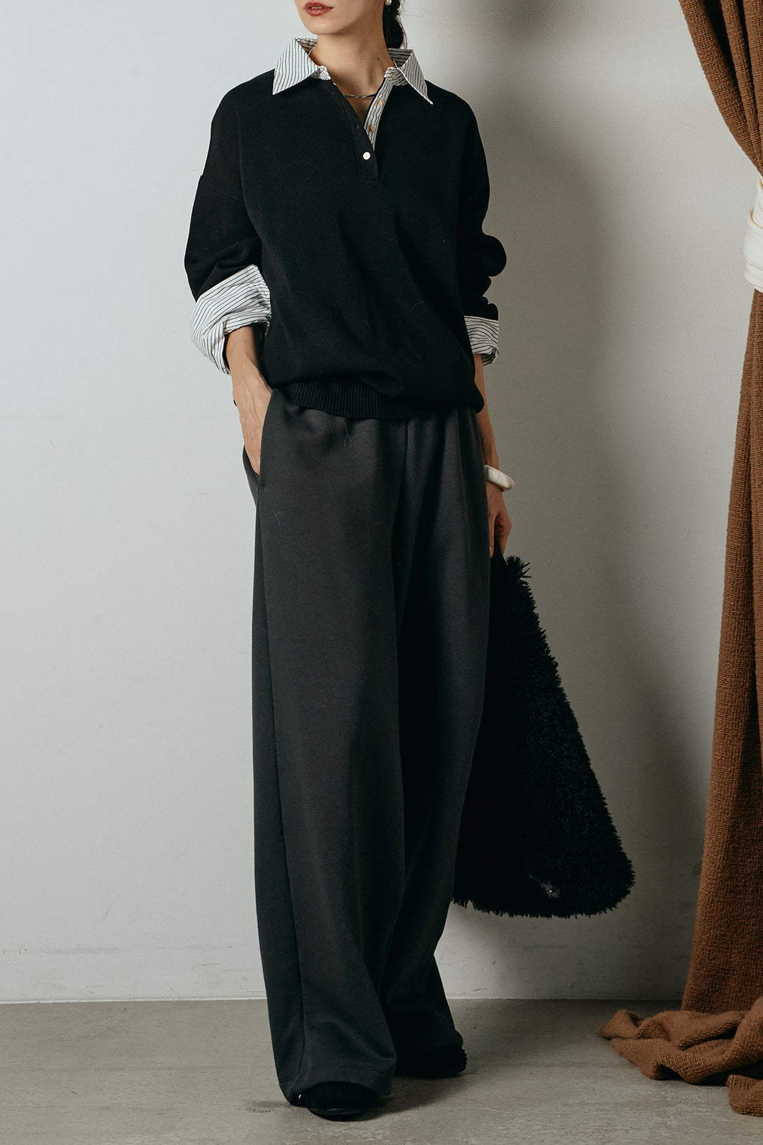 [SET]ストライプシャツドッキングポロトップス+裏起毛スウェットワイドパンツ(2set)