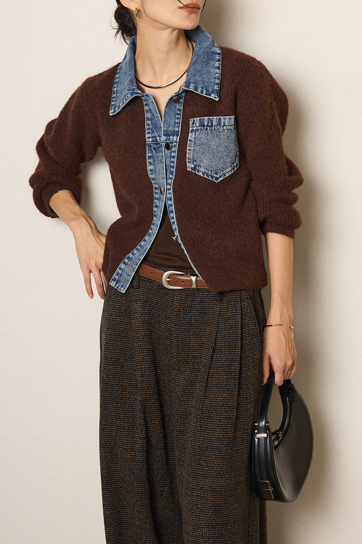 [SET]襟付きデニム切替ニットカーディガン+起毛タック入りツイードワイドパンツ(2set)