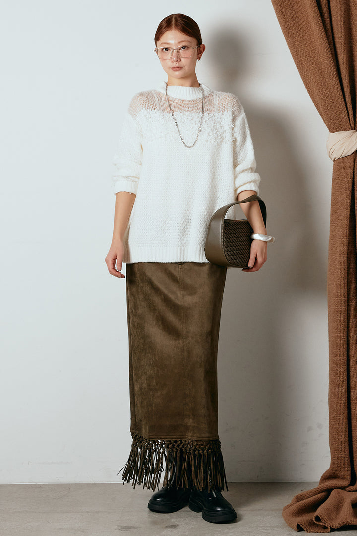 [SET]パターンランダム編みニットトップス+スウェードライク裾フリンジスカート(2set)