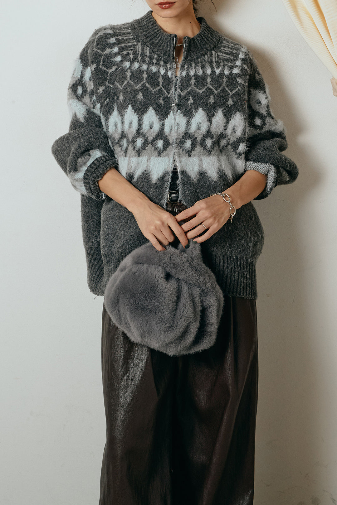 [SET]起毛ダブルジップパターンニットカーディガン+ベルト付きレザーライクタックパンツ(2set)