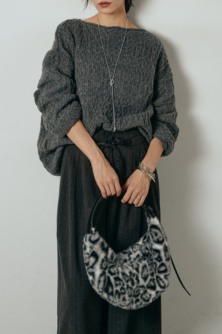 [SET]ボリューム編みニットプルオーバー+編みベルト付きピンストライプワイドパンツ(2set)