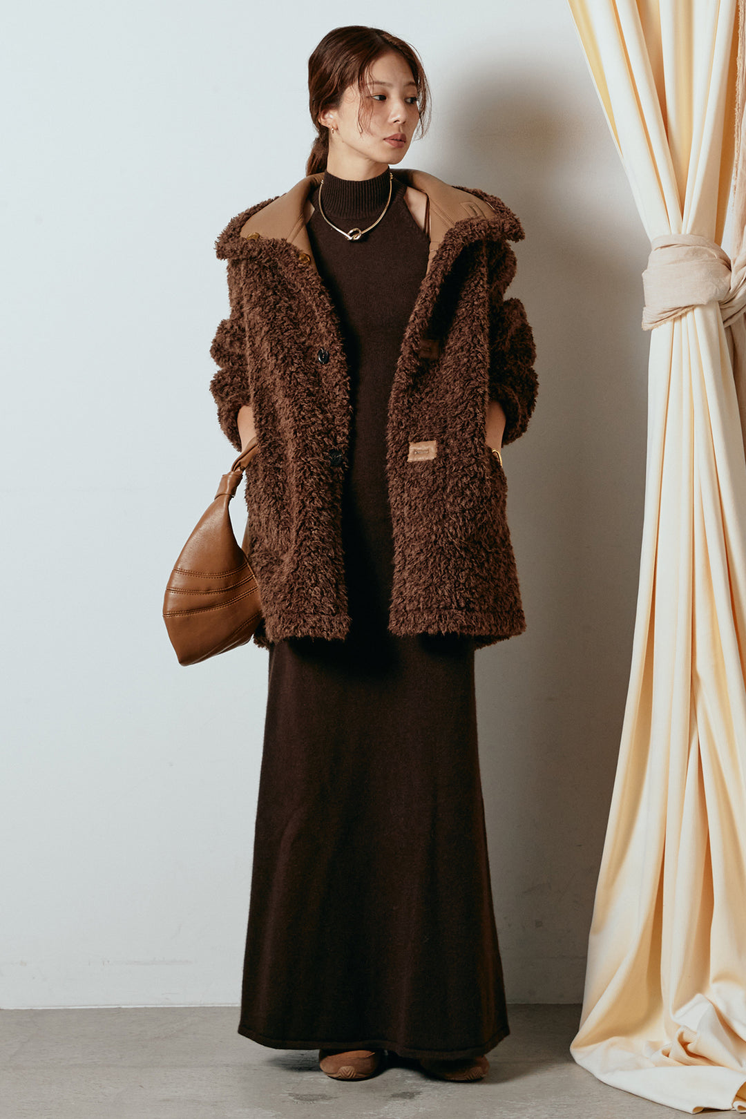 [SET]リバーシブルボアアウター+ノースリーブニットロングワンピース(2set)