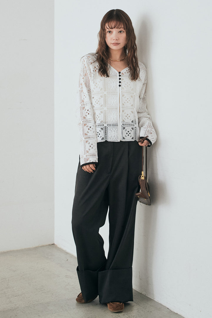 [SET]クロシェレースカーディガン+センタープレスセミワイドパンツ(2set)