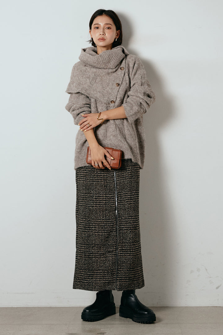 [SET]ケープデザインケーブルニットトップス+グレンチェック柄フロントジップタイトスカート(2set)