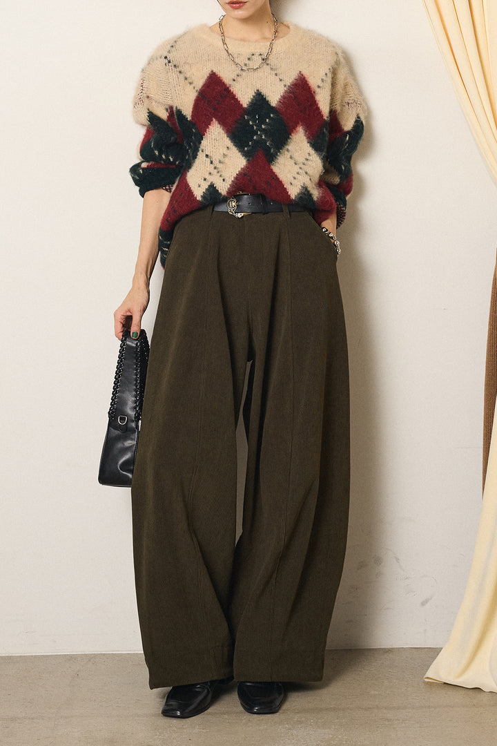 [SET]配色アーガイル柄ニットトップス+ベルト付きコーデュロイワイドパンツ(2set)