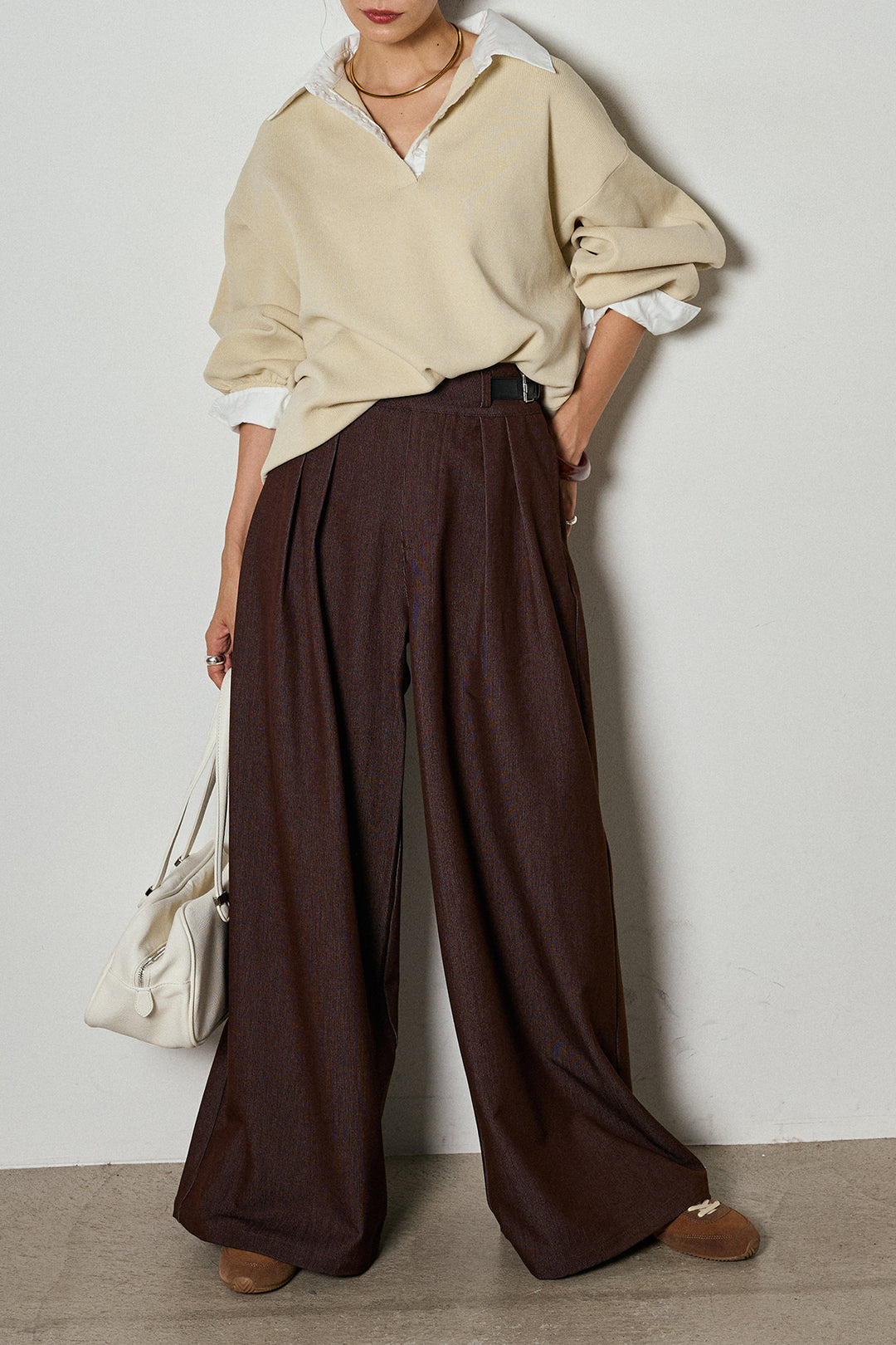 【即納】ウエストベルト付きタックワイドパンツ