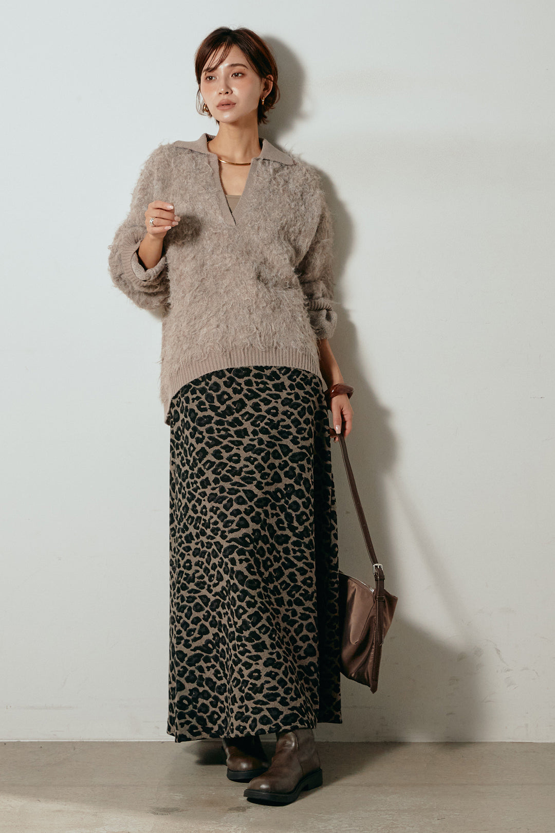 [SET]襟付きシャギーニットポロトップス+レオパードロングスカート(2set)