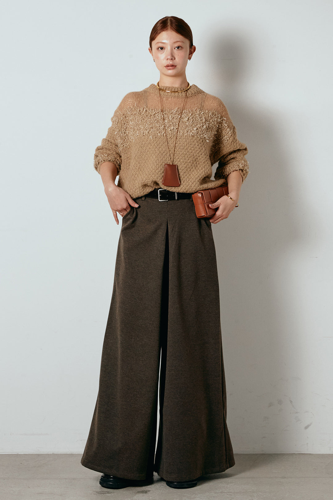 [SET]パターンランダム編みニットトップス+ベルト付きフロントタックデザインパンツ(2set)