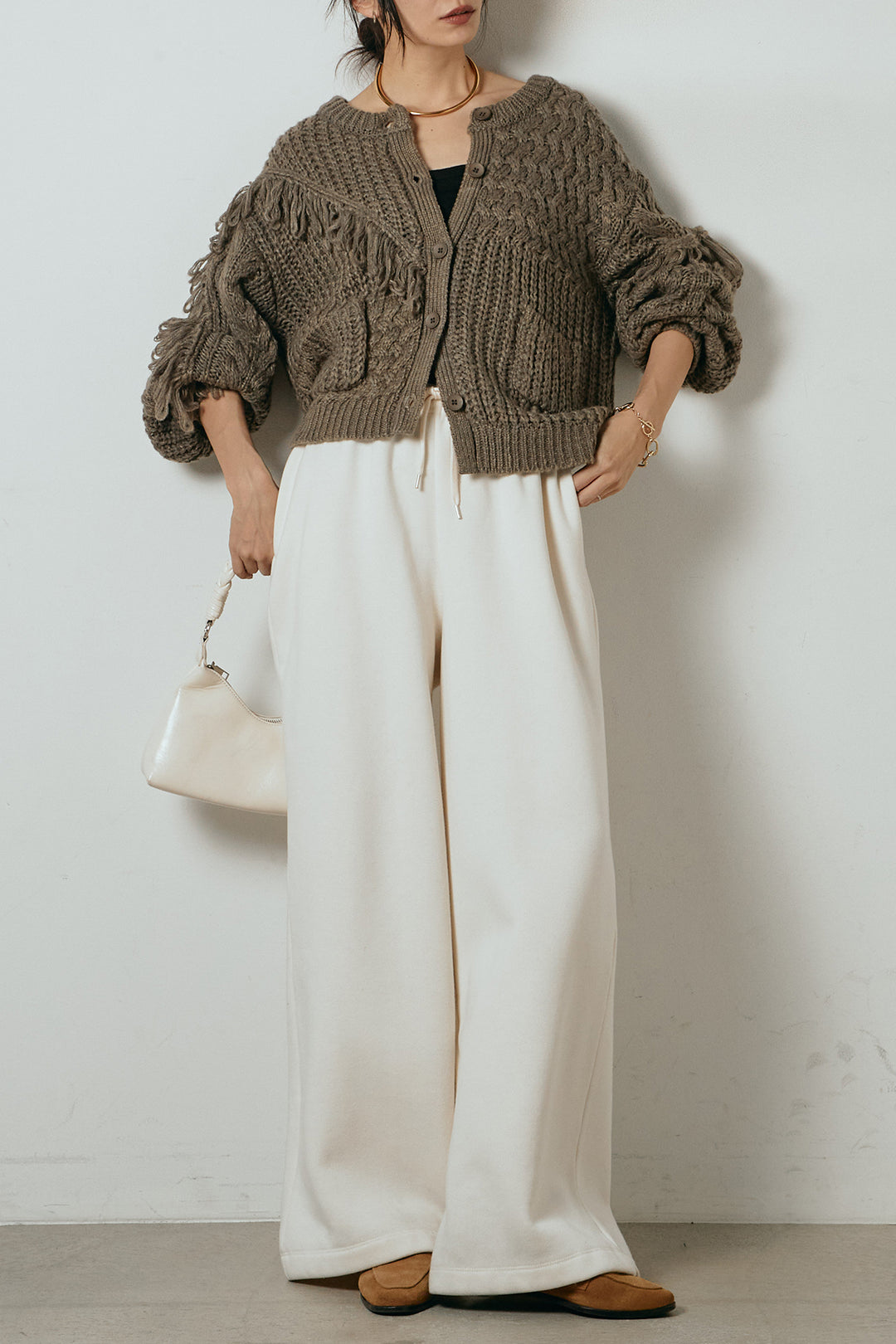 [SET]ランダムフリンジニットカーディガン+裏起毛スウェットワイドパンツ(2set)