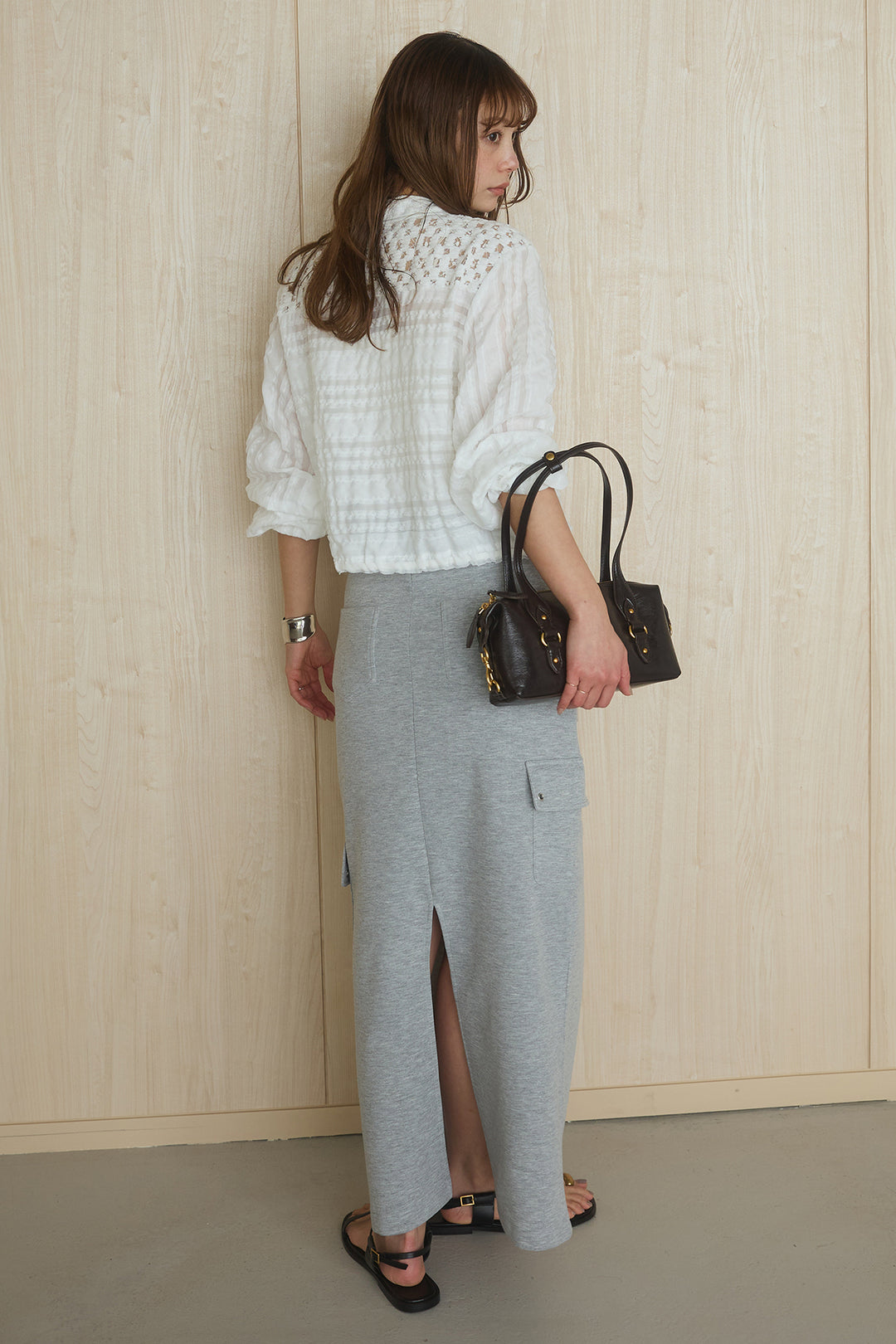 [SET]異素材切替シアーメッシュカーディガン+ドットボタン付きカットタイトスカート(2set)