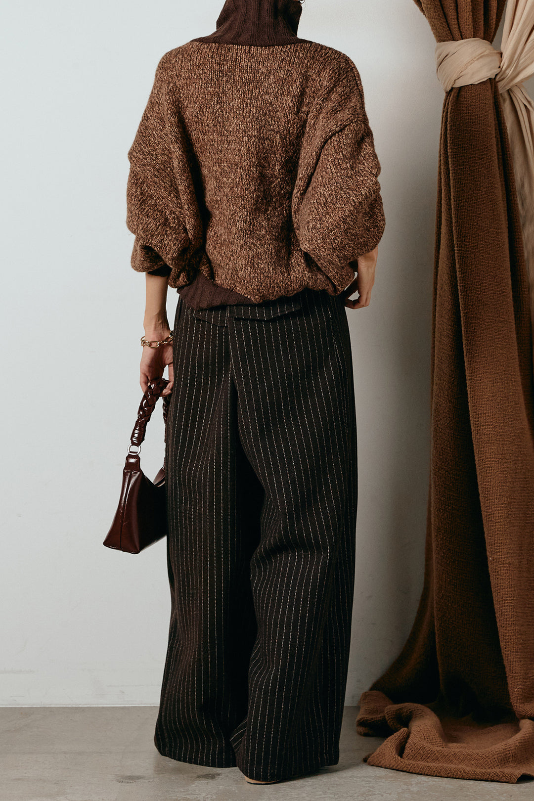 [SET]ハイネックミックスニットカーディガン+ウールライクストライプパンツ(2set)