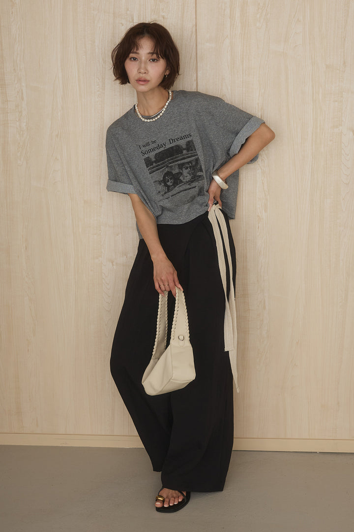 [SET]グラフィックサムデイワイドクロップドT+異素材ベルト付きラップ風ニュアンスワイドパンツ(2set)