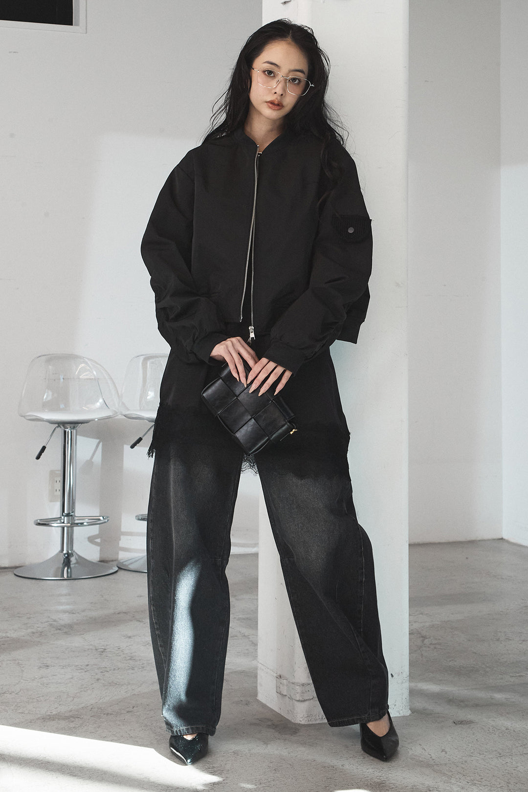 [SET]袖ギャザーデザインブルゾン+デニムアシメカーブパンツ(2set)