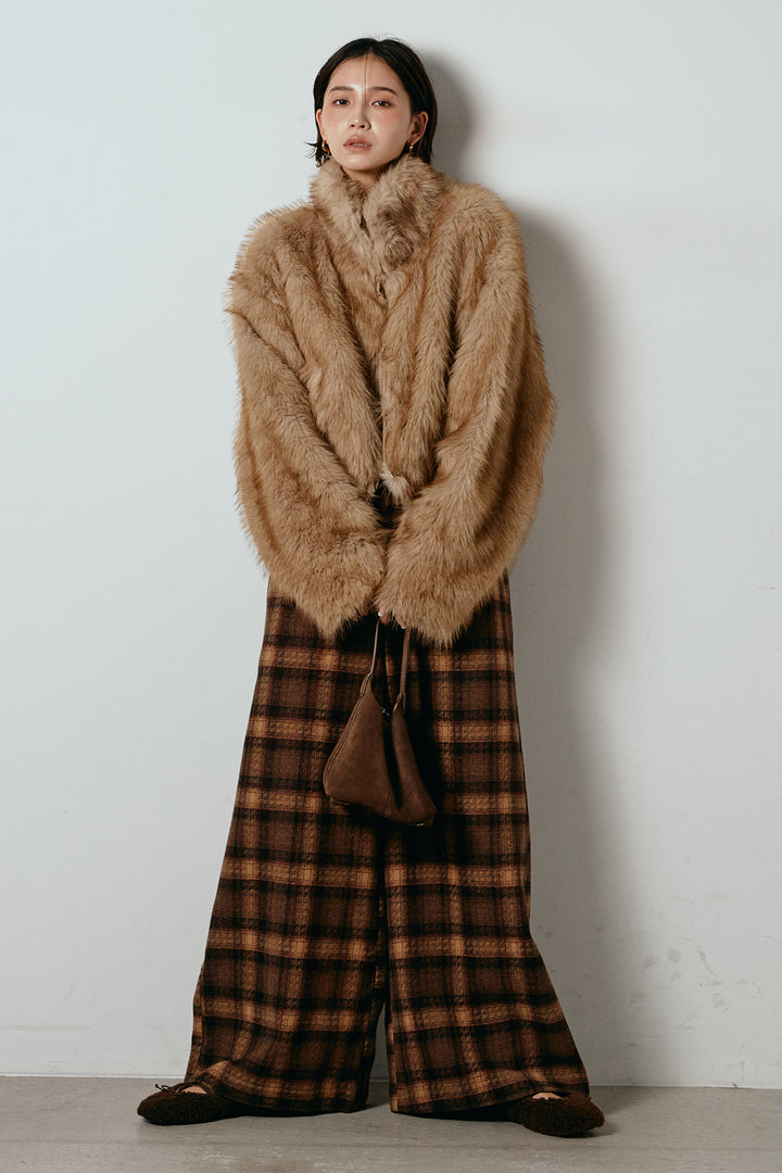 [SET]エコファーショート丈ブルゾン+ルーズタータンチェックワイドパンツ(2set)