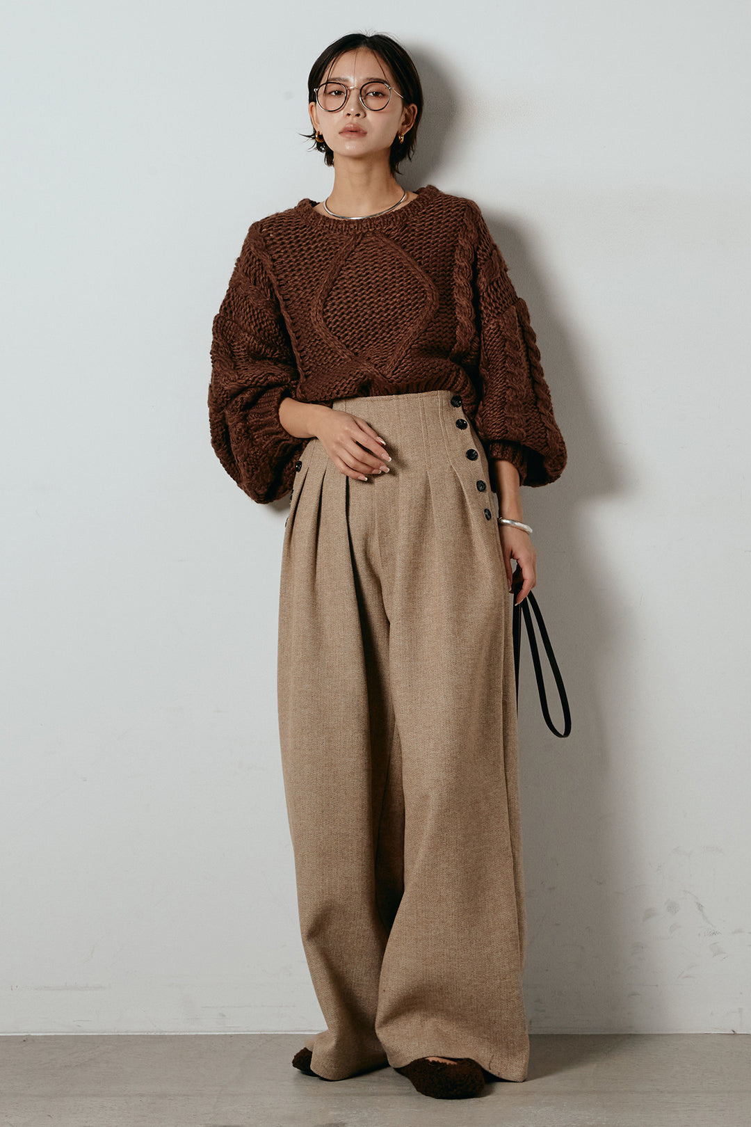 [SET]ロービングケーブルショート丈プルオーバー+サイドボタンツイードタックパンツ(2set)