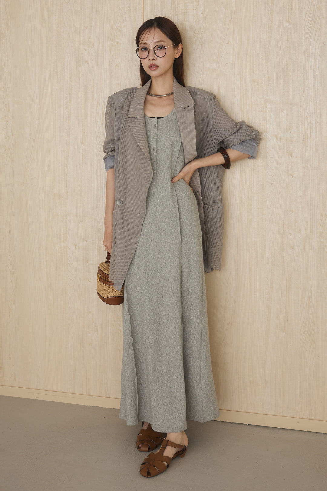 [SET]メッシュテーラードワイドジャケット+ノースリロングワンピース(2set)