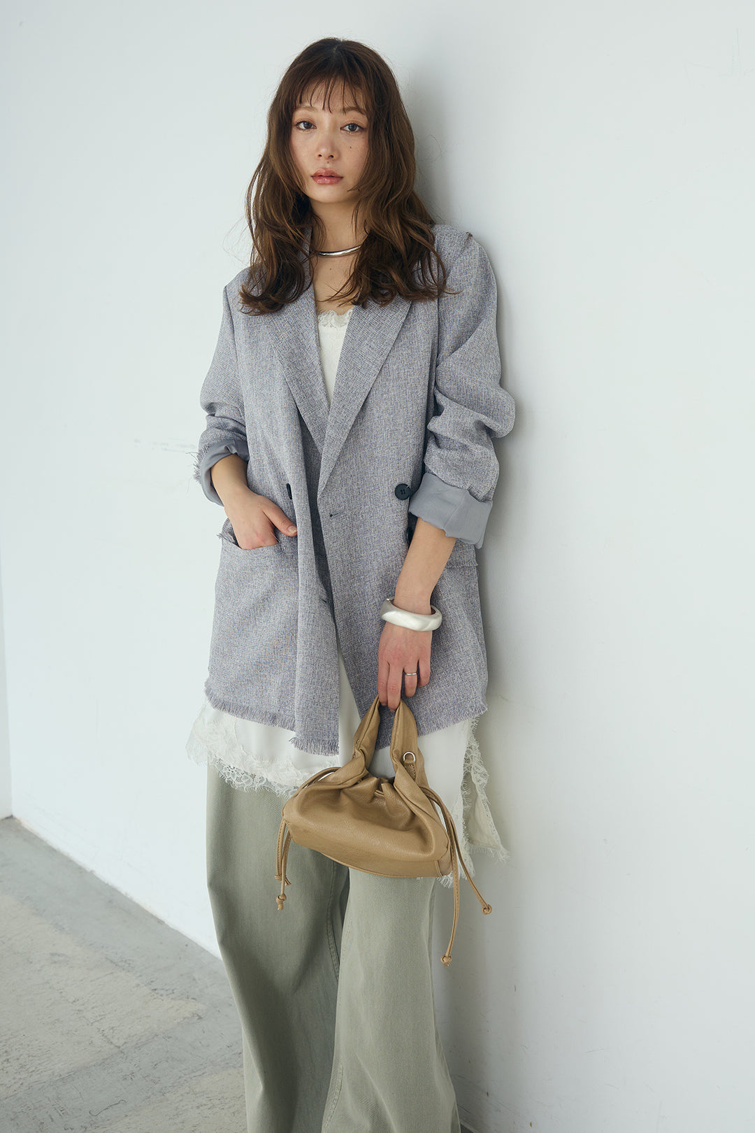 [SET]スラブネップツイードフリンジテーラードジャケット+ウエスト裁ち切りデニムワイドパンツ(2set)