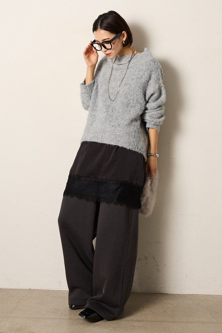 [SET]アルパカタッチオフショルニット+裏起毛スウェットワイドパンツ(2set)