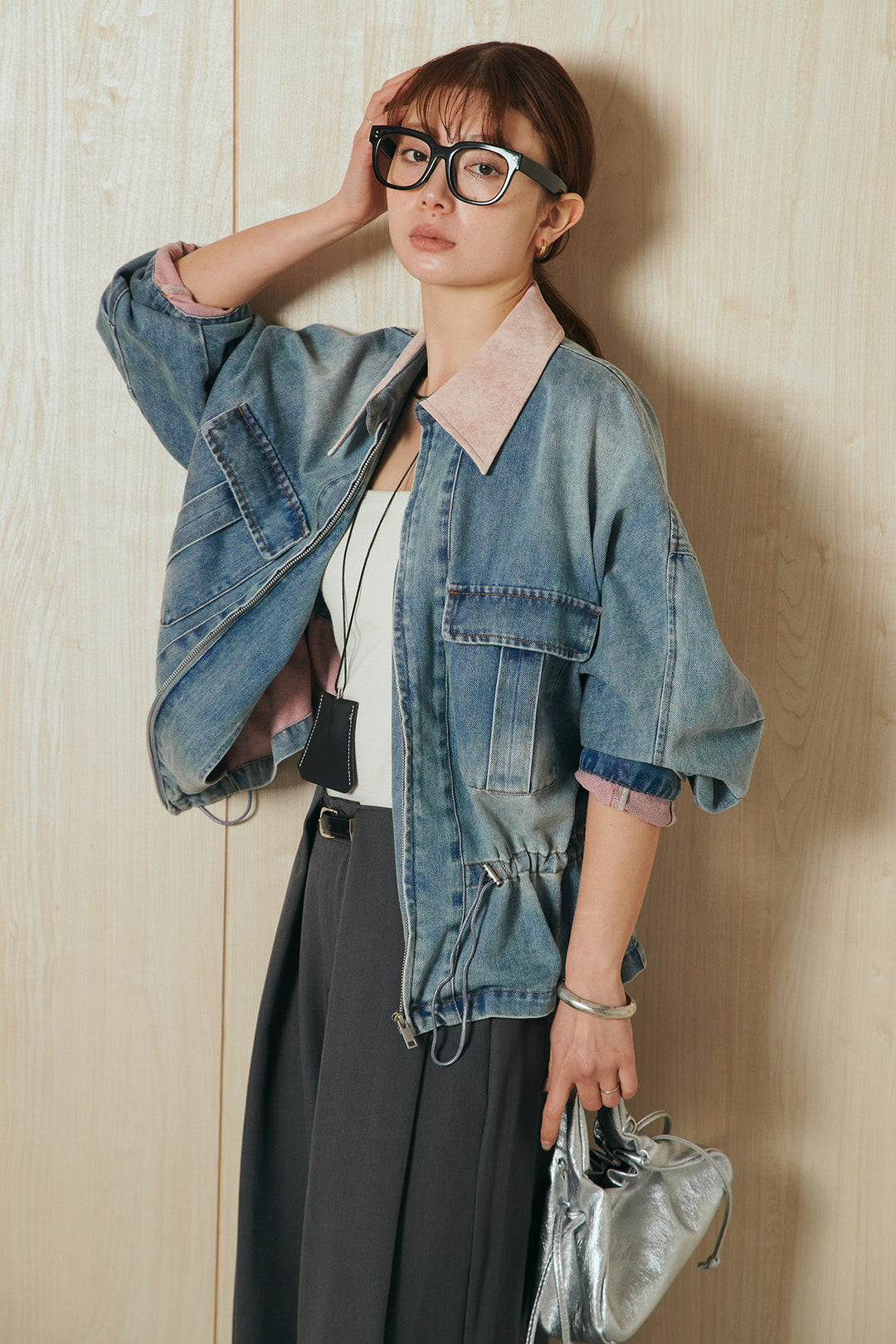 [SET]襟付き配色デニムブルゾン+ビックベルトループタックベルト付きワイドパンツ(2set)