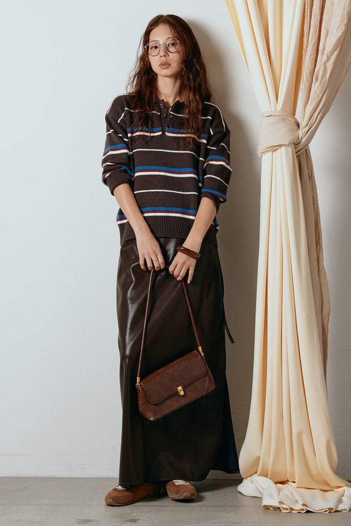 [SET]襟付きマルチボーダーニットポロトップス+紐付きフェイクレザーワイドスカート(2set)