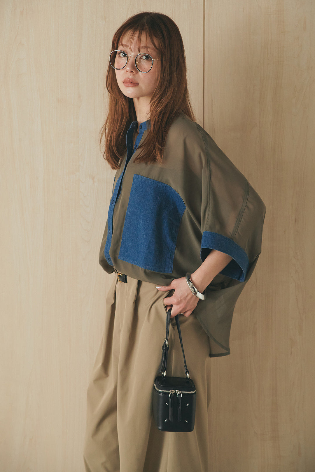 [SET]デニムライクビッグツーポケシアーシャツ+ベルトループデザインハイウエストタックパンツ(2set)