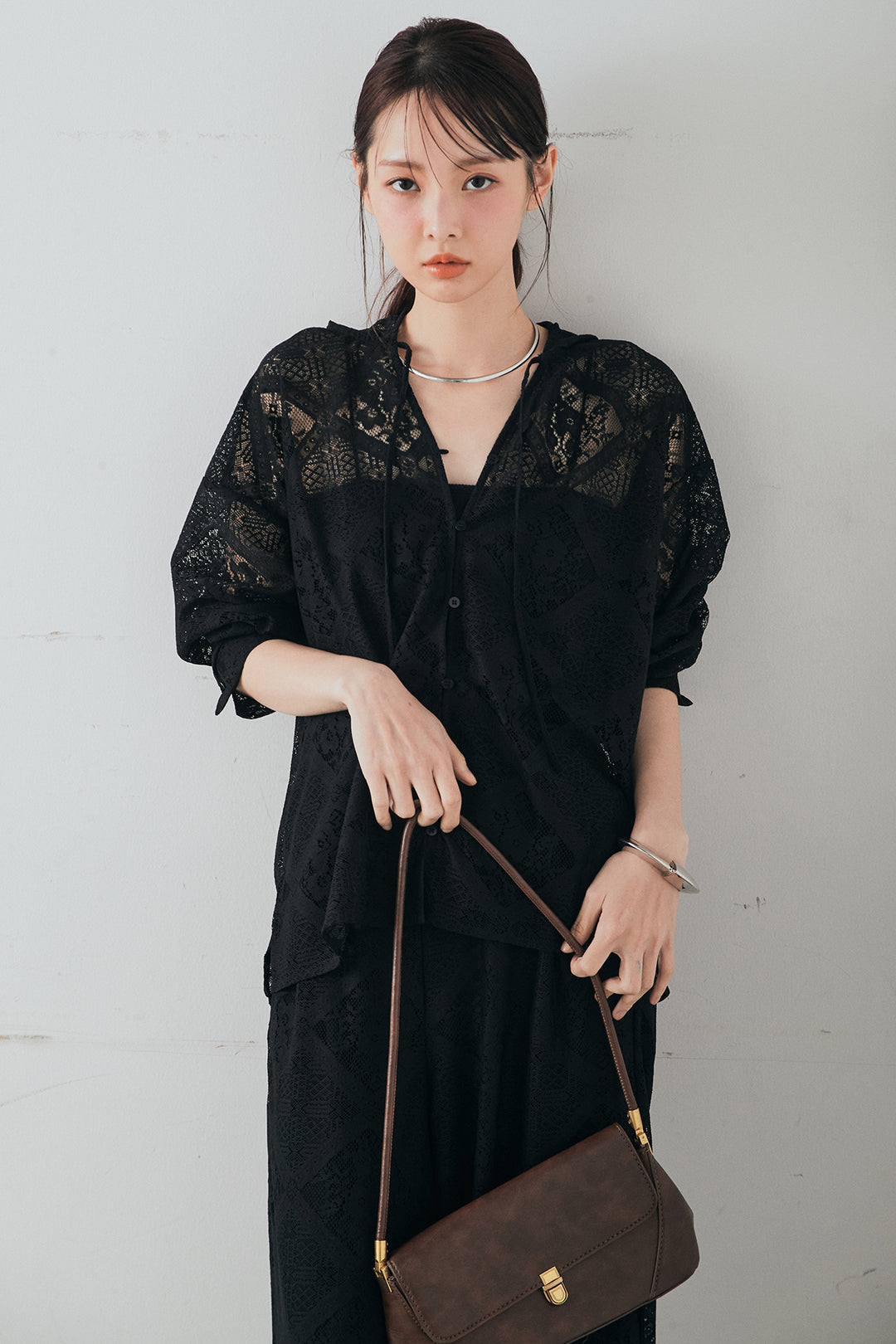 [SET]ブロックレースフード付きブラウス+リラックスブロックレースワイドパンツ(2set)