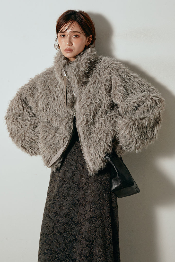 [SET]ミックスシープファースタンドブルゾン+花柄刺繍ベロアフレアスカート(2set)