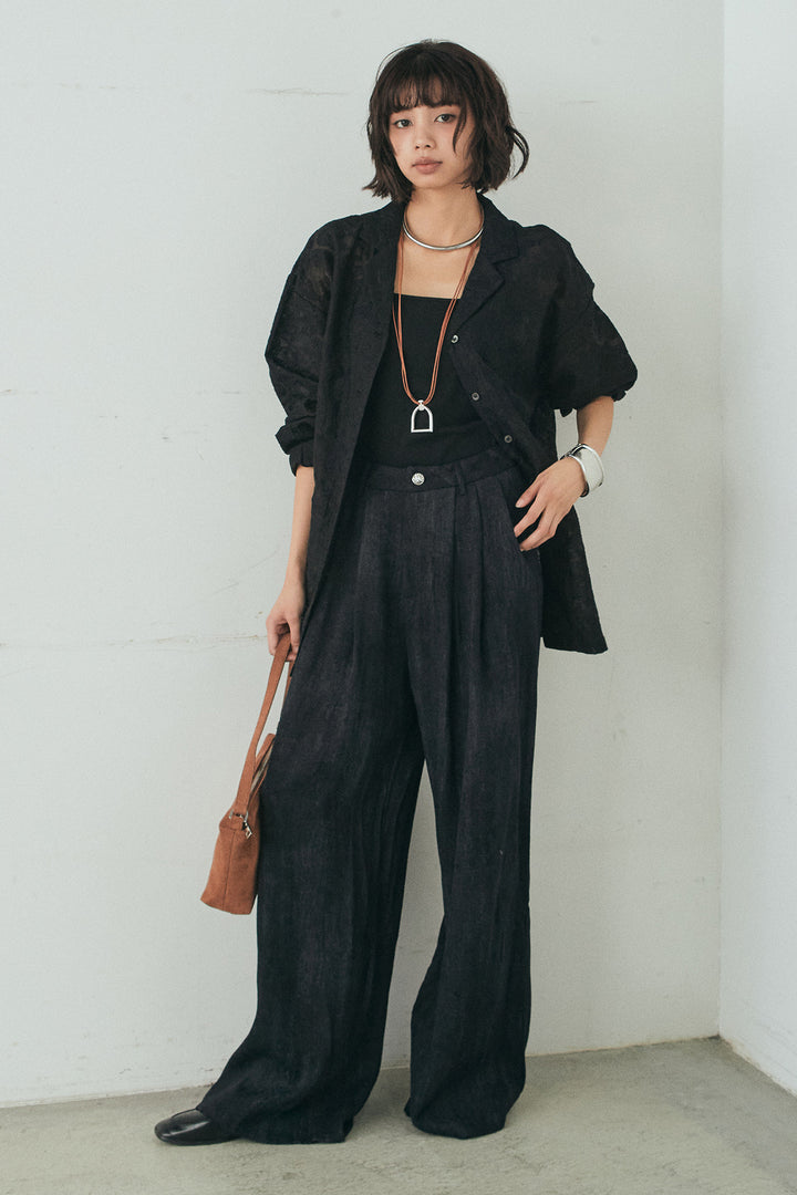 [SET]刺繍シアーオープンカラーシャツ+リネン混かすれ柄ワイドパンツ(2set)