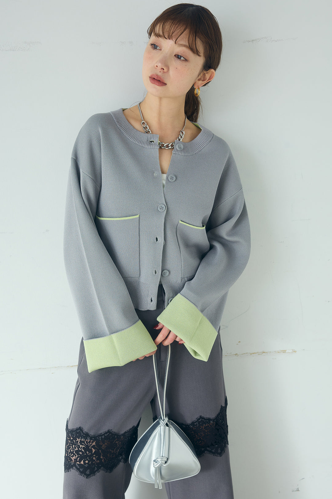 [SET]レーヨンポリダブルフェイスカーディガン+レース刺繍切替ワイドパンツ(2set)