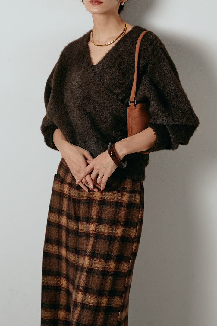 [SET]シャギーカシュクールニットトップス+ルーズタータンチェックワイドパンツ(2set)