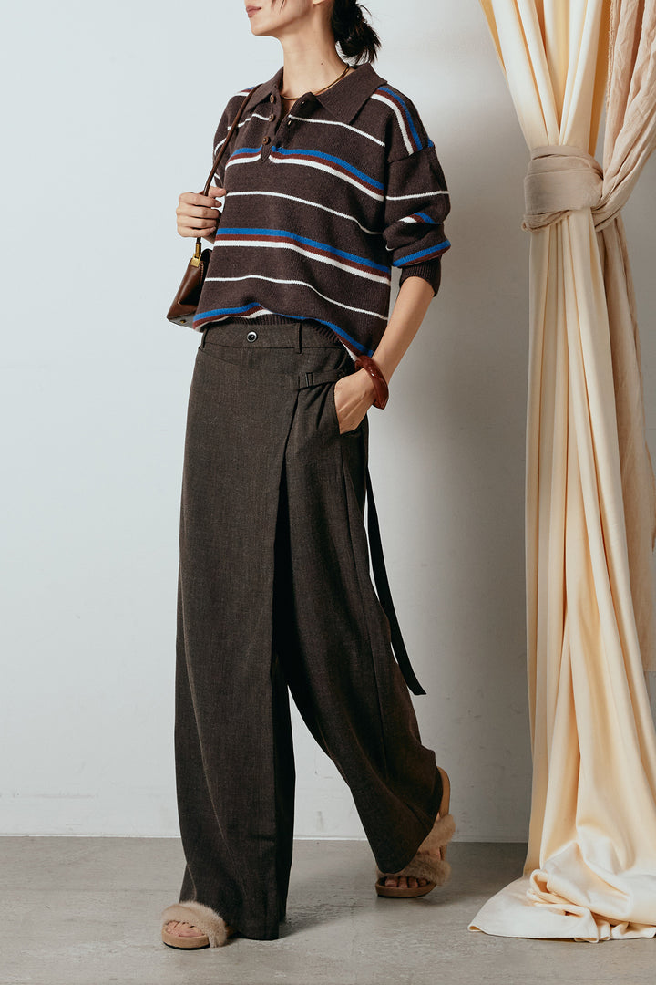 [SET]襟付きマルチボーダーニットポロトップス+ラップ巻きワイドスラックス(2set)