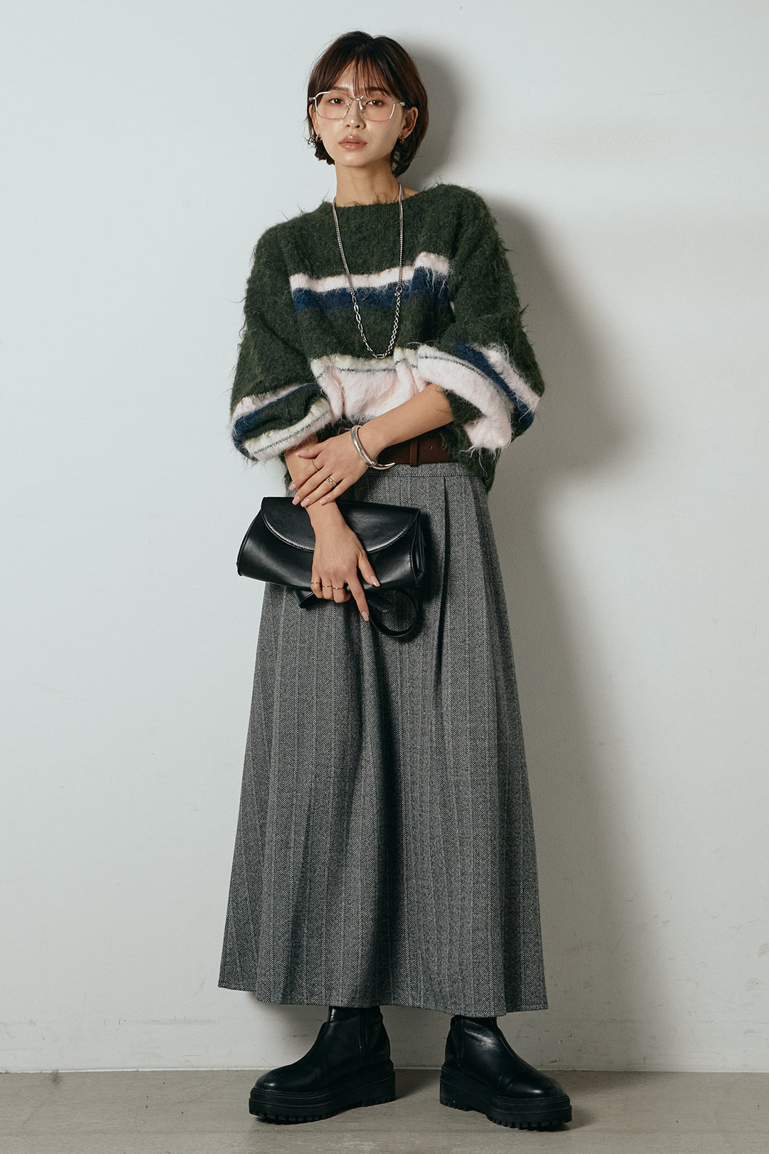 [SET]起毛配色マルチボーダーニットトップス+太ベルト付きヘリンボーンプリーツスカート(2set)