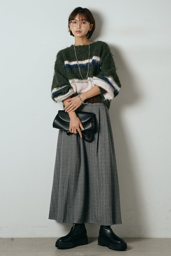 [SET]起毛配色マルチボーダーニットトップス+太ベルト付きヘリンボーンプリーツスカート(2set)