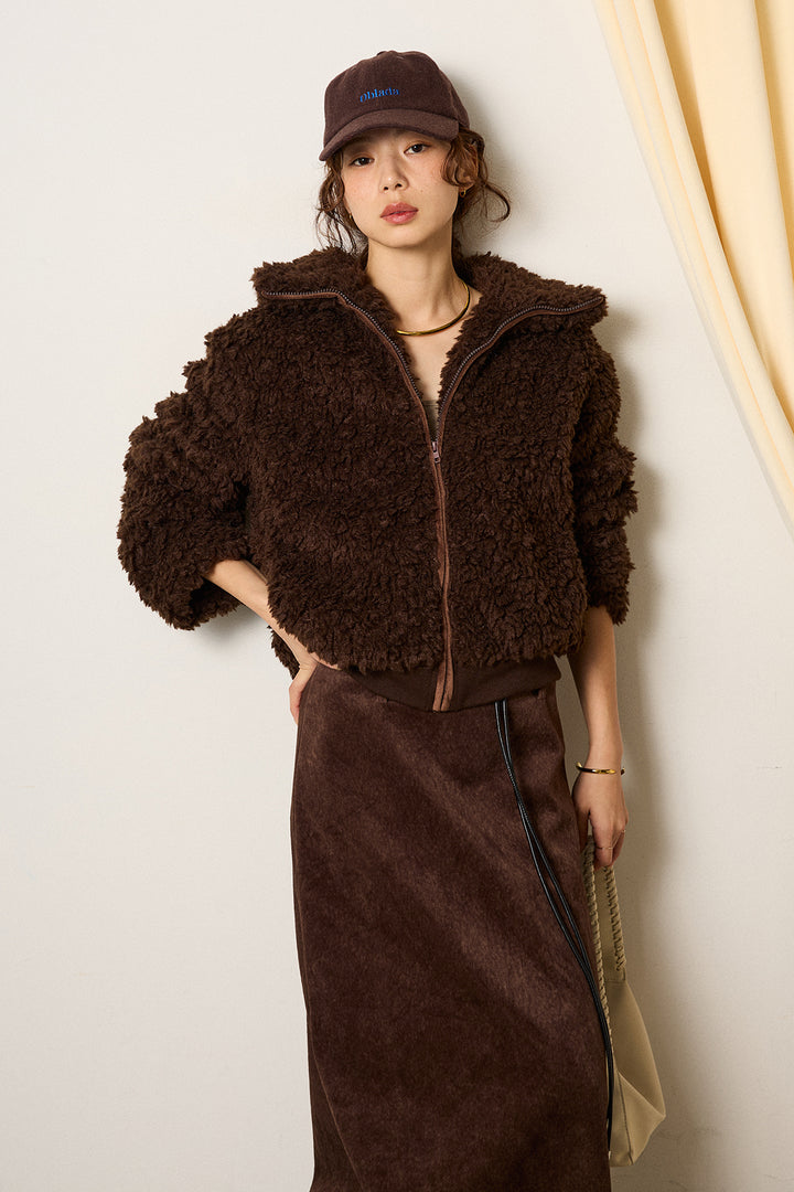 [SET]スタンドカラー裾リブボアブルゾン+ロープベルト付きスウェード調スカート(2set)