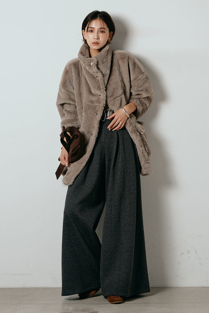 [SET]スタンドネックファーコート+フェイクレザー太ベルト付きタックワイドパンツ(2set)