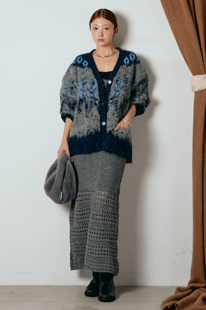 [SET]シャギーニュアンス柄ニットカーディガン+裾透かし編みキャミソールニットワンピース(2set)