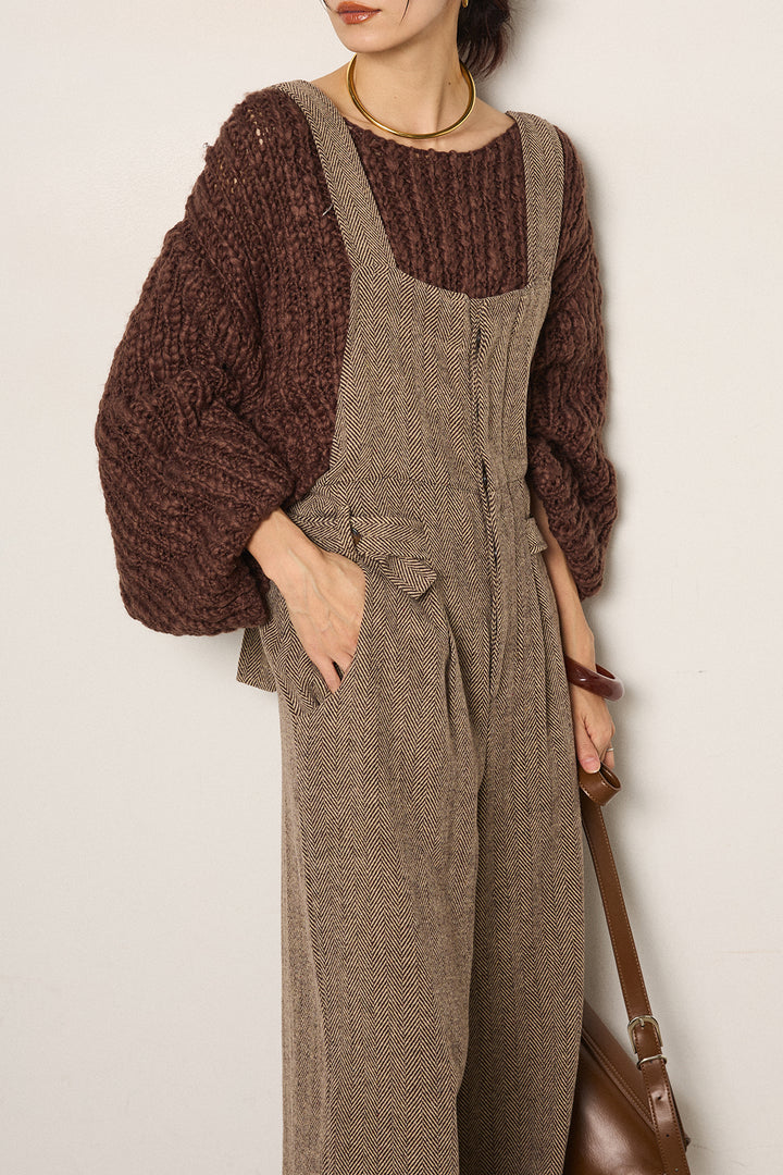 [SET]チャンキースラブニットクロップドプルオーバー+クラシックヘリンボーンサロペット(2set)