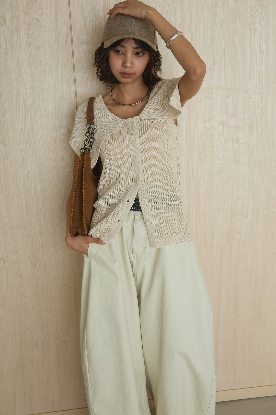 [SET]ビッグカラーボタンニットトップス+ベルト付きカラーデニムパンツ(2set)