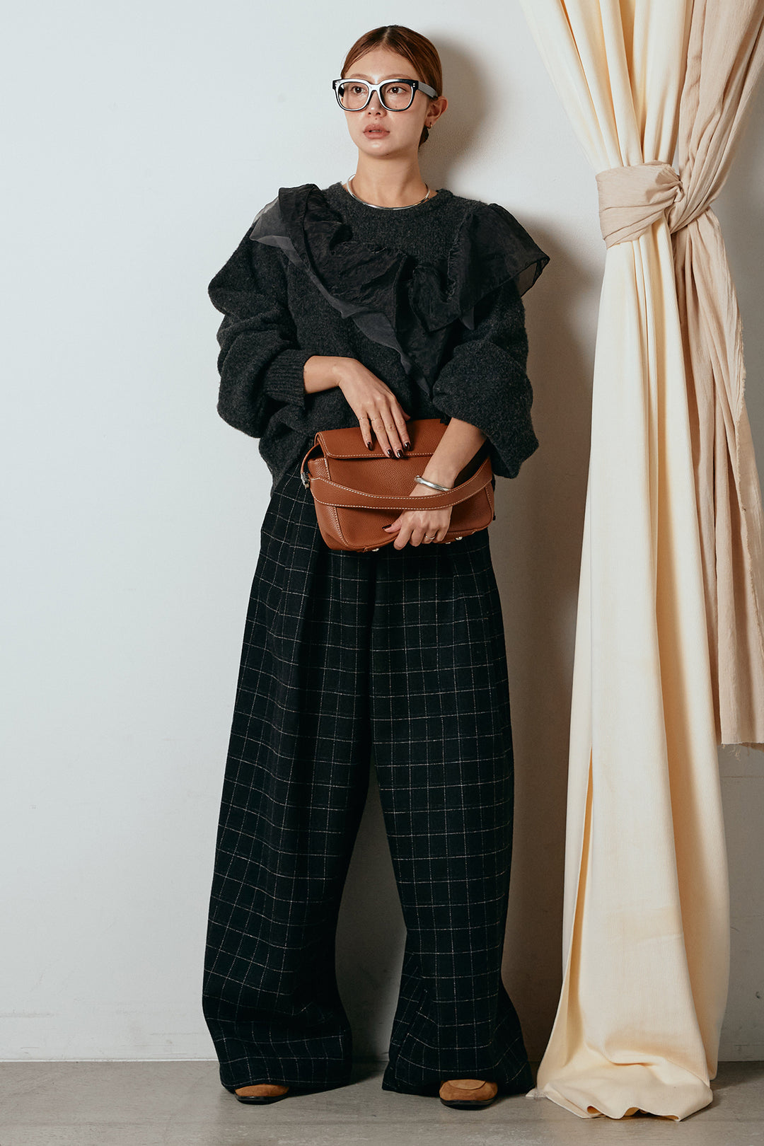 [SET]アシンメトリーフリルニットトップス+ウールライクチェックタックパンツ(2set)